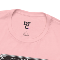 DailyThreadCo. pink 100% cotton crew neck t-shirt with vintage Strength tarot card illustration of woman and lion.