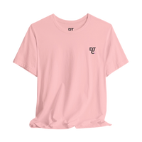 DailyThreadCo. light pink cotton t-shirt with crew neck and small black DT logo on chest.