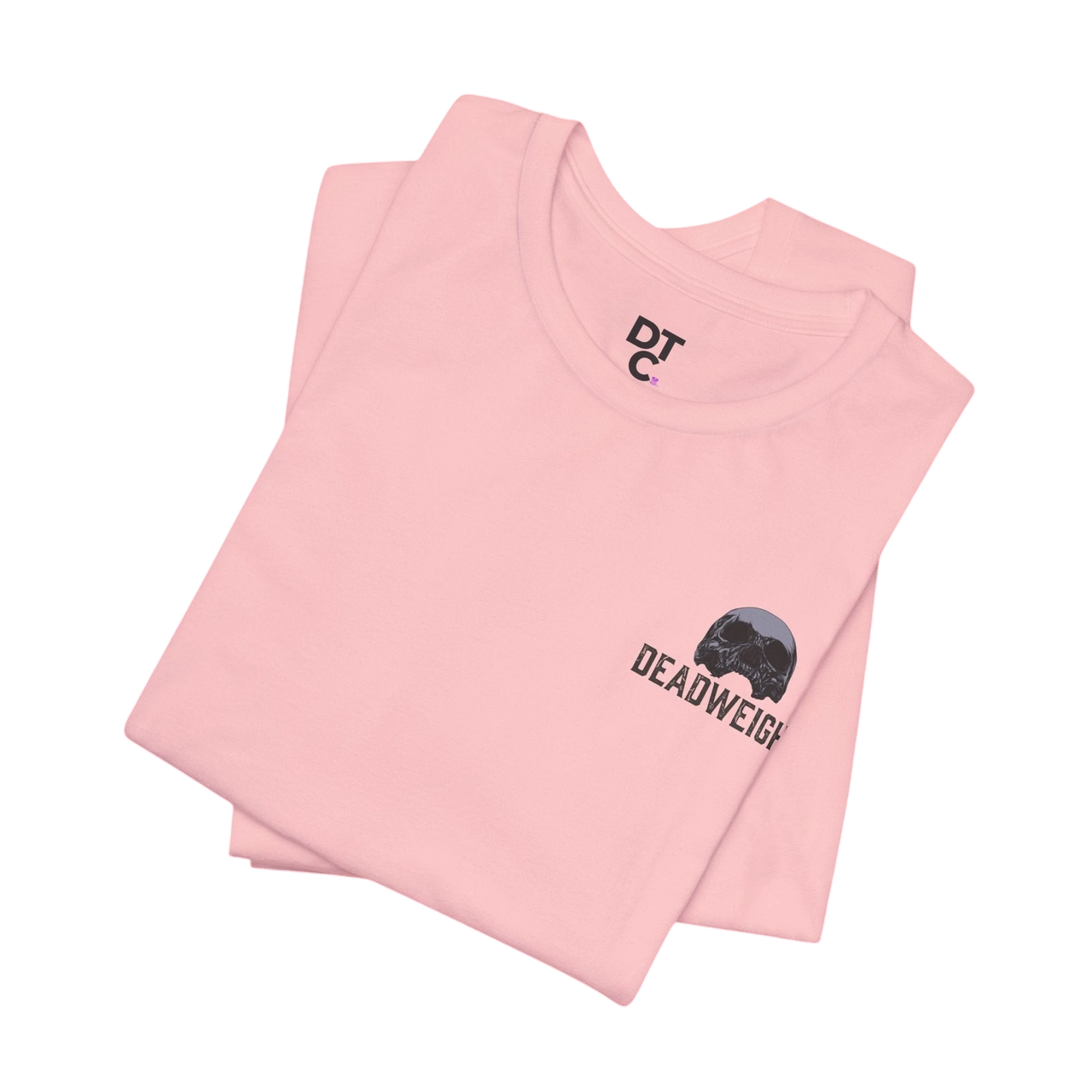 DailyThreadCo. pink 100% cotton t-shirt with distressed skull graphic and "DEADWEIGHT" text on chest.