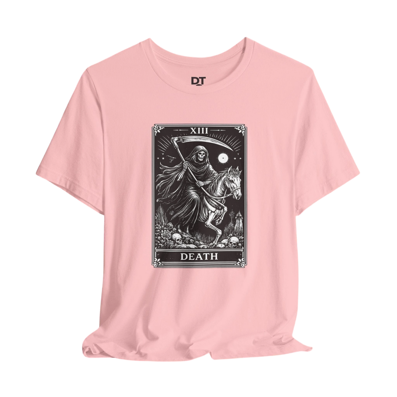DailyThreadCo. pink cotton t-shirt with a black and white Death Tarot card graphic featuring the Grim Reaper on a horse.