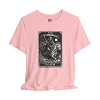 DailyThreadCo. pink cotton t-shirt with a black and white Death Tarot card graphic featuring the Grim Reaper on a horse.