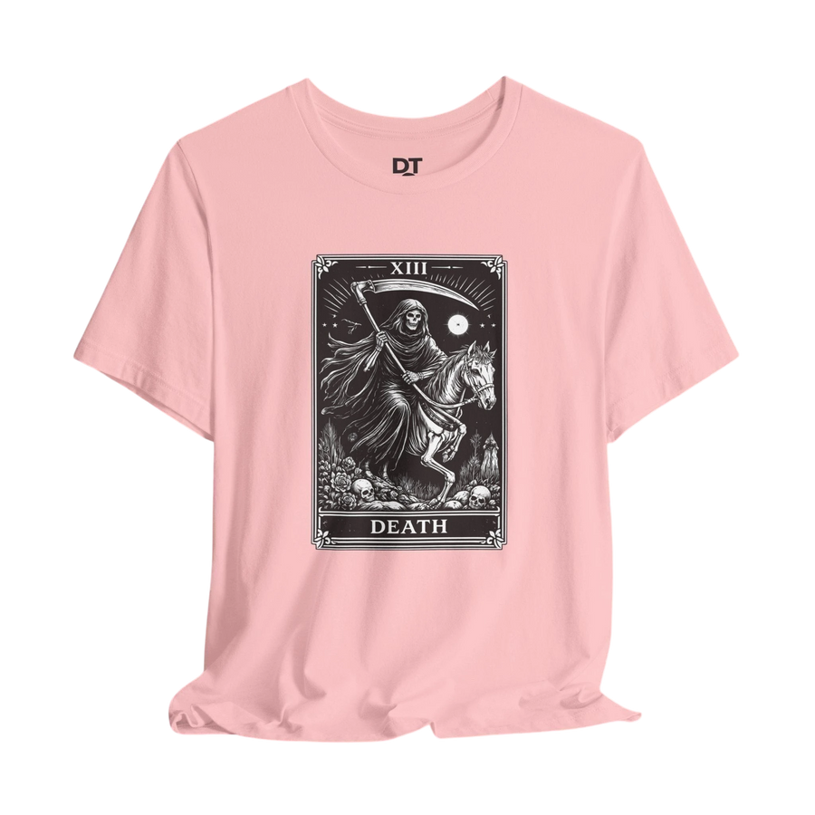 DailyThreadCo. pink cotton t-shirt with a black and white Death Tarot card graphic featuring the Grim Reaper on a horse.