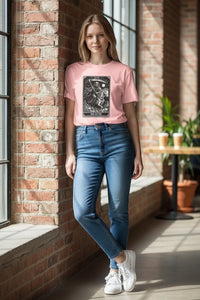 DailyThreadCo. pink cotton t-shirt with a black and white Death Tarot card graphic featuring a skeleton on a horse.