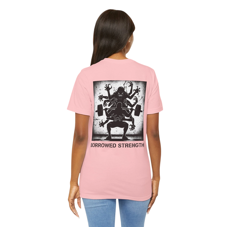 DailyThreadCo. pink cotton t-shirt with a graphic back print of a weightlifter with multiple arms and a monster, with the text "BORROWED STRENGTH".