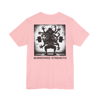 DailyThreadCo. pink cotton t-shirt with a graphic back print of a multi-limbed figure lifting weights, text reads 