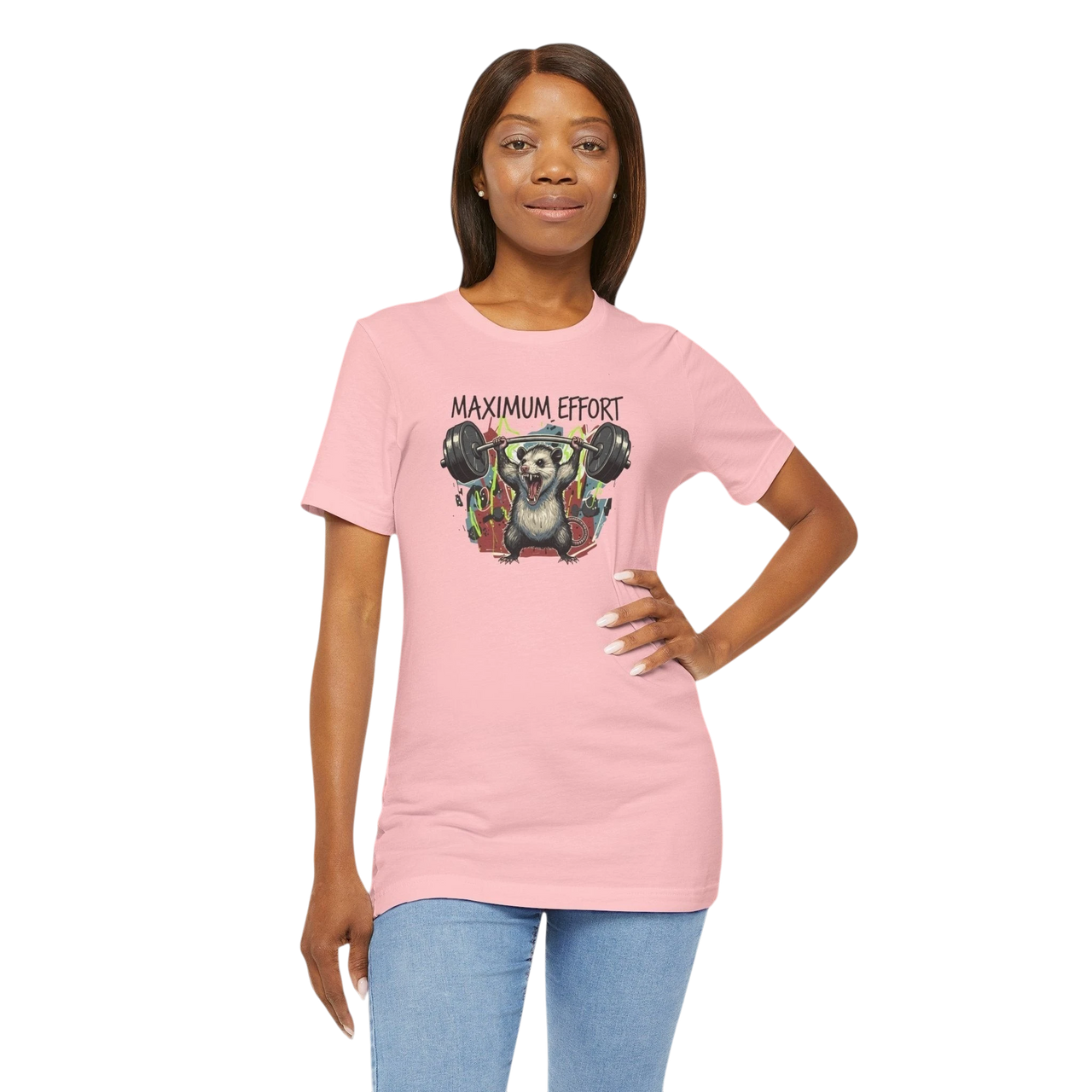 DailyThreadCo. pink cotton t-shirt with a graphic of a possum lifting weights and the text "MAXIMUM EFFORT".