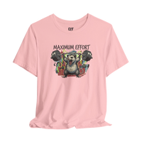DailyThreadCo. pink 100% cotton t-shirt with a graphic of a possum lifting a barbell and the text 