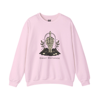 DailyThreadCo. light pink crewneck sweatshirt with a skeleton hand graphic giving the middle finger, surrounded by foliage and text.
