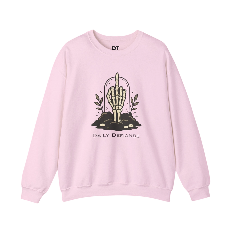 DailyThreadCo. light pink crewneck sweatshirt with a skeleton hand graphic giving the middle finger, surrounded by foliage and text.