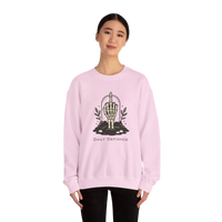 DailyThreadCo. light pink crewneck sweatshirt with a skeleton hand graphic giving the middle finger, surrounded by foliage and text 