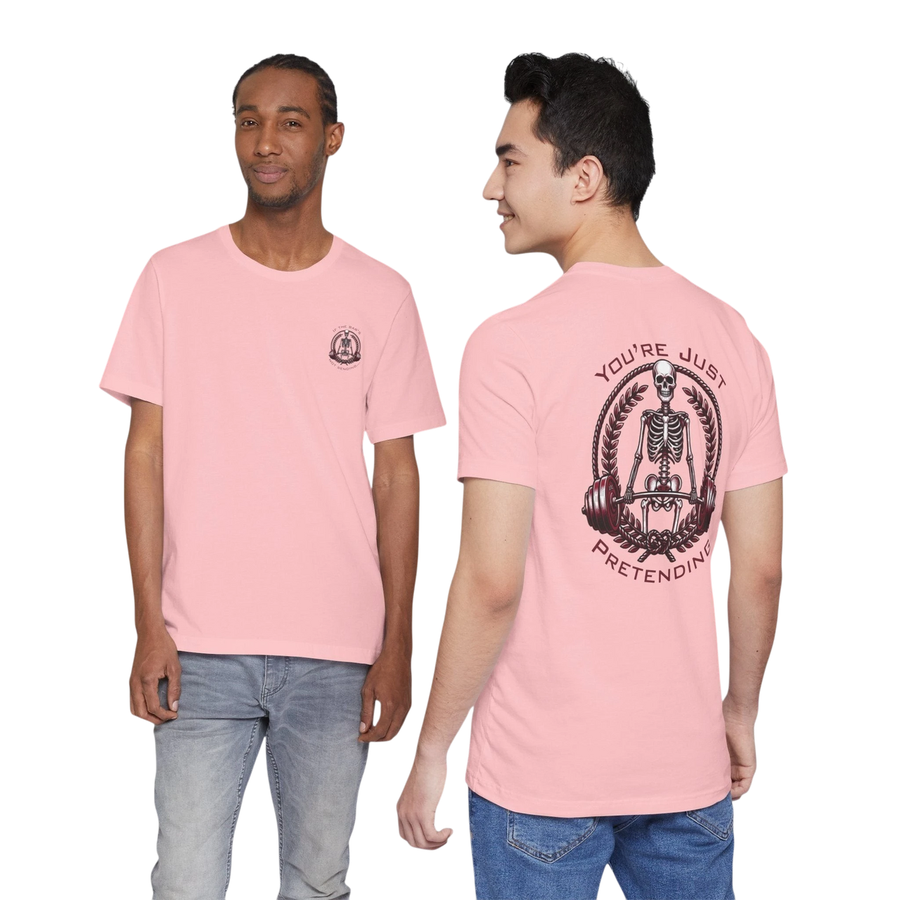 DailyThreadCo. pink 100% cotton t-shirt with skeleton weightlifter graphic on back and small chest emblem.