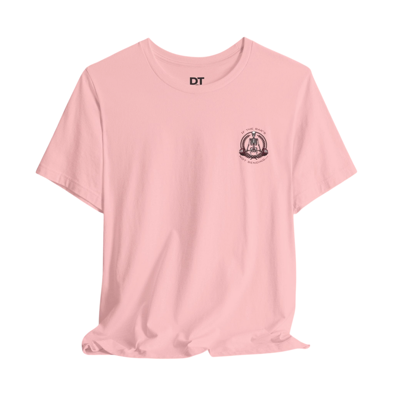 DailyThreadCo. light pink 100% cotton t-shirt with a small chest graphic of a skeleton lifting weights and a larger graphic on the back.