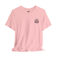 DailyThreadCo. light pink 100% cotton t-shirt with a small chest graphic of a skeleton lifting weights and a larger graphic on the back.