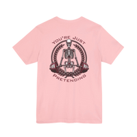 DailyThreadCo. light pink 100% cotton t-shirt with a skeleton weightlifter graphic and 