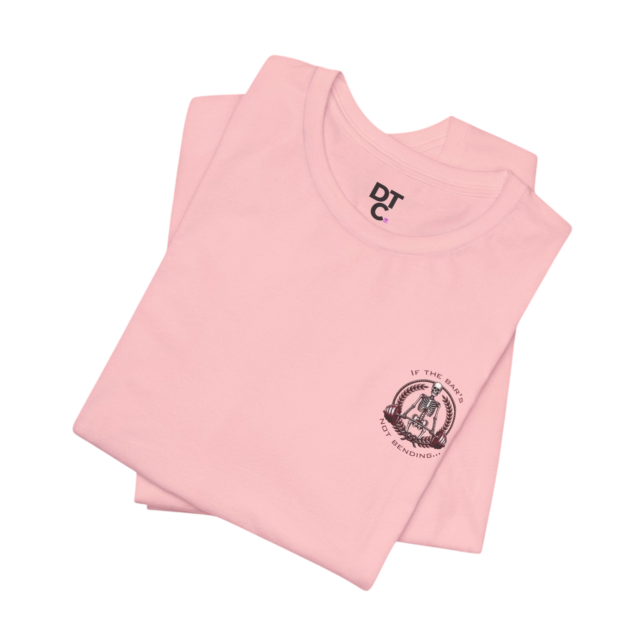 DailyThreadCo. light pink 100% cotton crew neck t-shirt with a small chest graphic of a skeleton lifting weights.