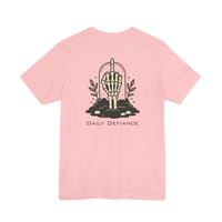 DailyThreadCo. pink 100% cotton t-shirt with a graphic of a skeleton hand rising from the ground with leaves and the words 