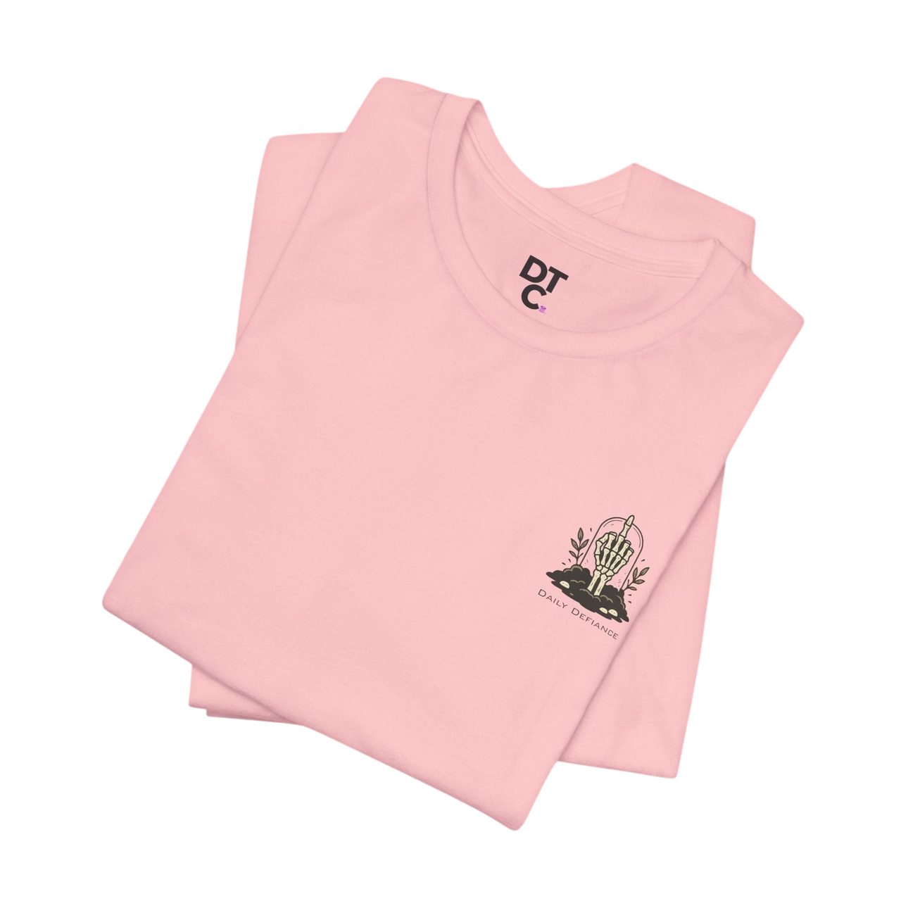 DailyThreadCo. light pink 100% cotton t-shirt with a small gothic graphic of a skeleton hand rising from earth on the chest.