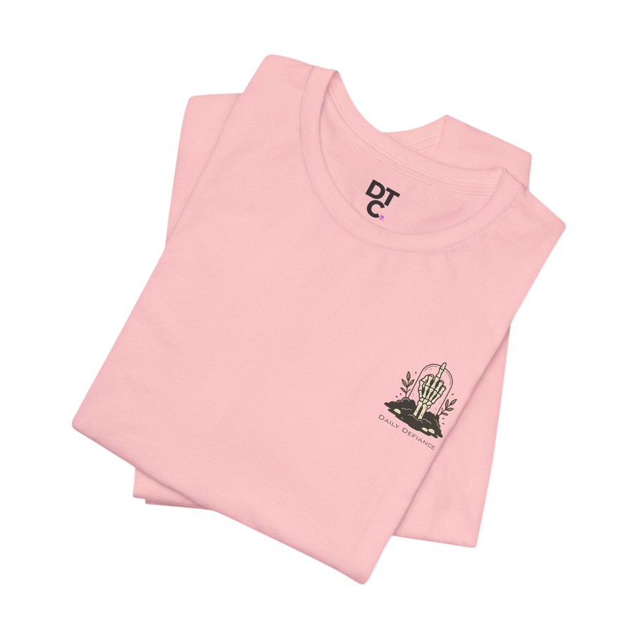 DailyThreadCo. light pink 100% cotton t-shirt with a small gothic graphic of a skeleton hand rising from earth on the chest.