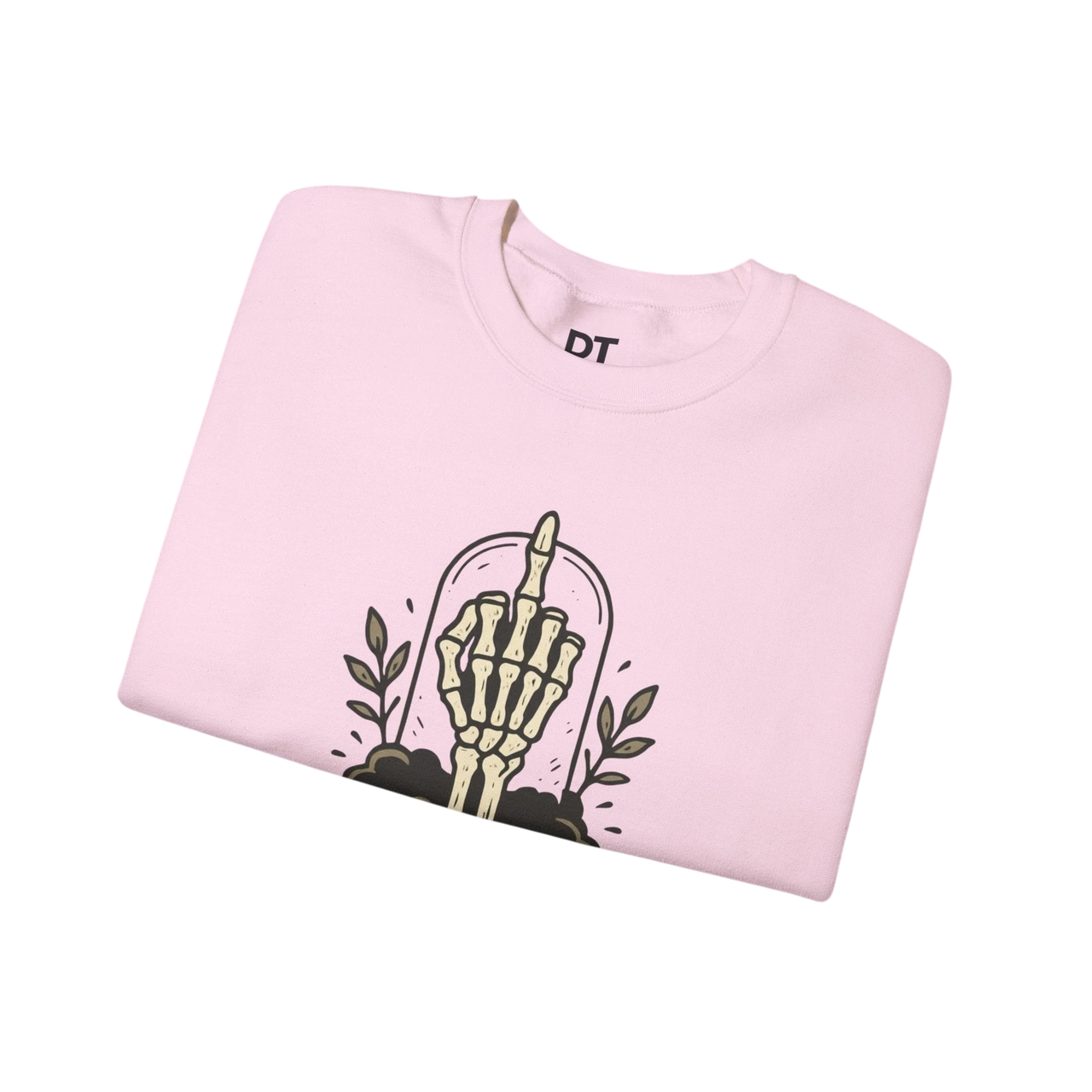 DailyThreadCo. light pink crewneck sweatshirt with a graphic of a skeleton hand giving the middle finger inside a glass dome, surrounded by leaves.