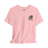 DailyThreadCo. pink 100% cotton t-shirt with a small graphic of a skull and rose over the heart, featuring the text 
