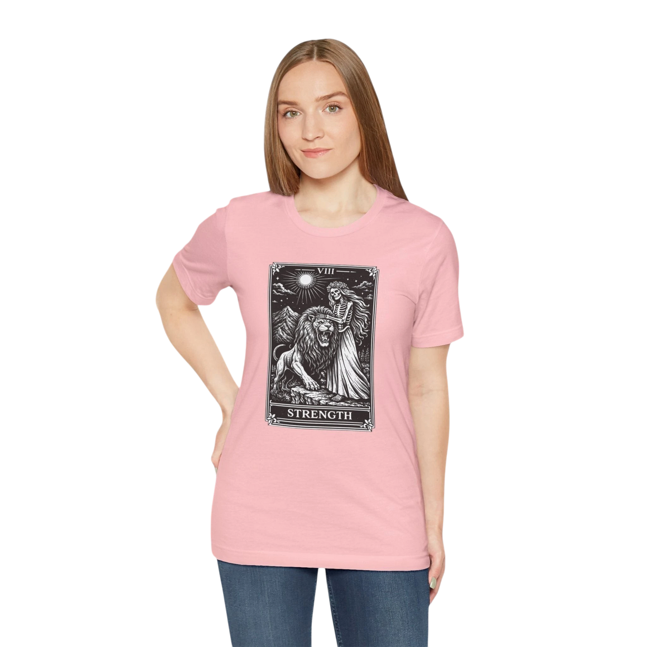 DailyThreadCo. pink crew neck t-shirt with vintage Strength tarot card illustration of a woman and lion.
