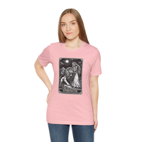 DailyThreadCo. pink crew neck t-shirt with vintage Strength tarot card illustration of a woman and lion.