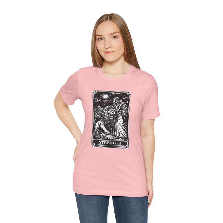 DailyThreadCo. pink crew neck t-shirt with vintage Strength tarot card illustration of a woman and lion.