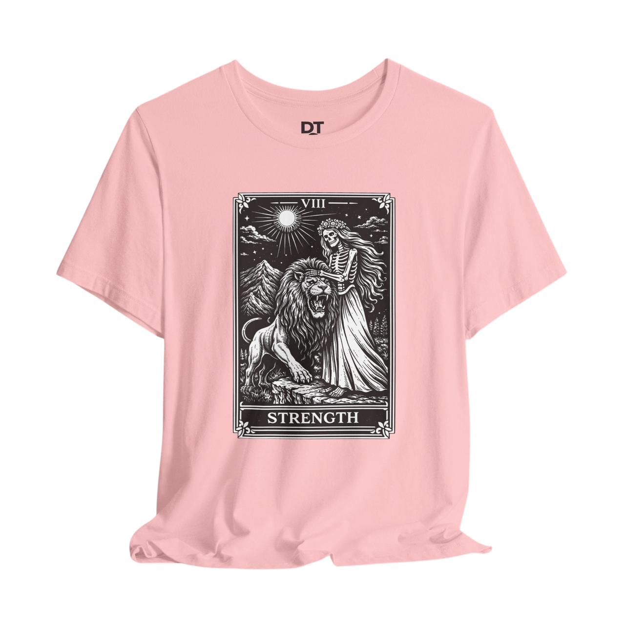 DailyThreadCo. pink crew neck t-shirt with vintage Strength tarot card illustration of a skeleton woman and lion.