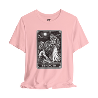 DailyThreadCo. pink crew neck t-shirt with vintage Strength tarot card illustration of a skeleton woman and lion.