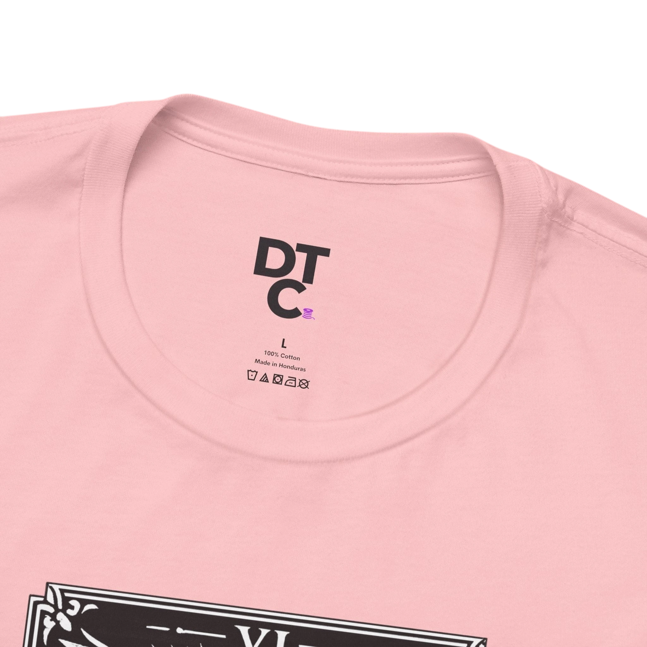 DailyThreadCo. pink 100% cotton t-shirt with The Lovers tarot card graphic in black and white.