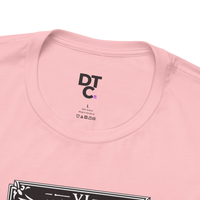 DailyThreadCo. pink 100% cotton t-shirt with The Lovers tarot card graphic in black and white.