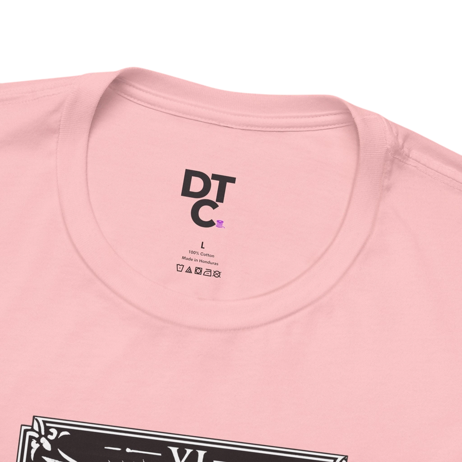 DailyThreadCo. pink 100% cotton t-shirt with The Lovers tarot card graphic in black and white.
