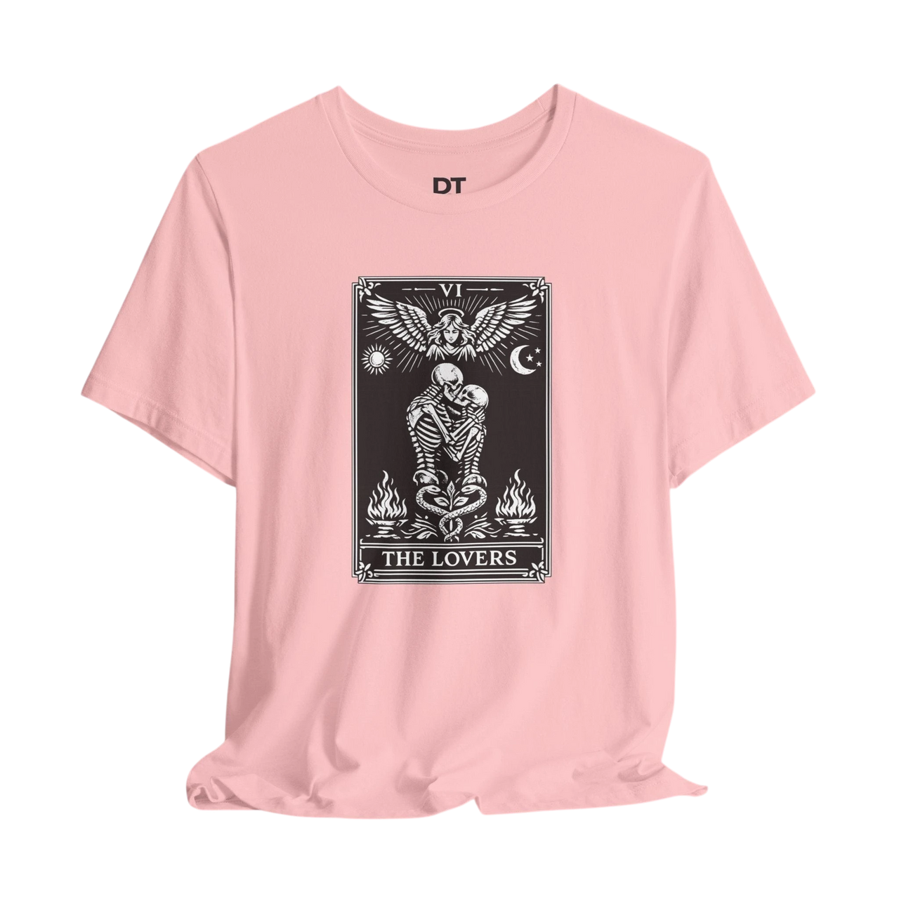 DailyThreadCo. pink cotton t-shirt with a black and white graphic of The Lovers tarot card, featuring skeleton figures, an angel, sun, moon, and flames.
