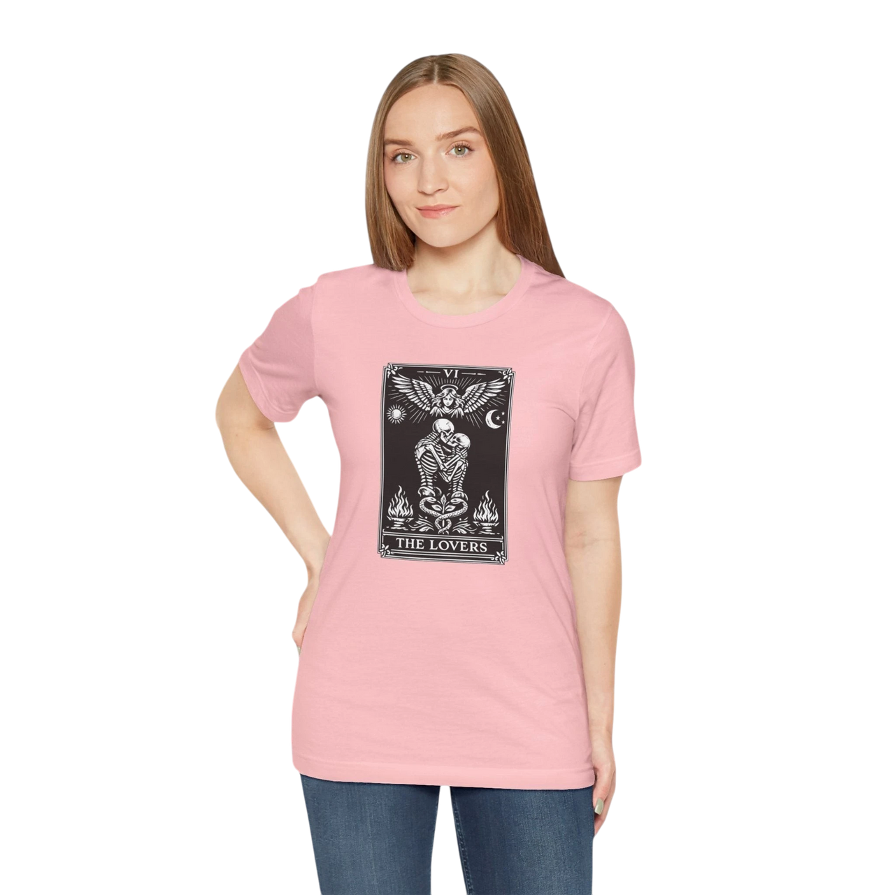DailyThreadCo. pink cotton t-shirt with black and white 'The Lovers' tarot card graphic. Features skeletons embracing under an angel.