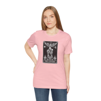 DailyThreadCo. pink cotton t-shirt with black and white 'The Lovers' tarot card graphic. Features skeletons embracing under an angel.