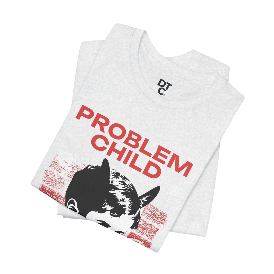 DailyThreadCo. light heather grey 100% cotton graphic tee with red 'PROBLEM CHILD' text and black & white distressed kid graphic.