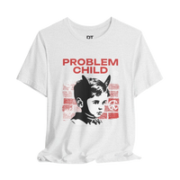 DailyThreadCo. white 100% cotton t-shirt with a retro punk graphic of a child with devil horns, 