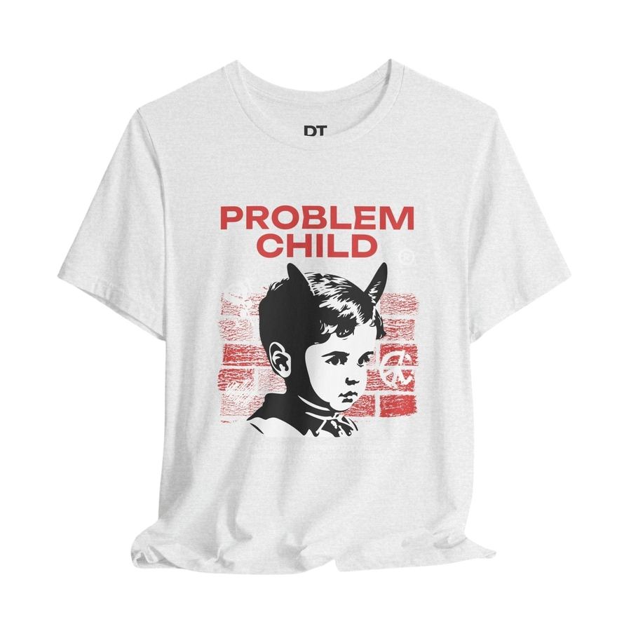DailyThreadCo. white 100% cotton t-shirt with a retro punk graphic of a child with devil horns, "PROBLEM CHILD" text, and distressed red brick pattern.
