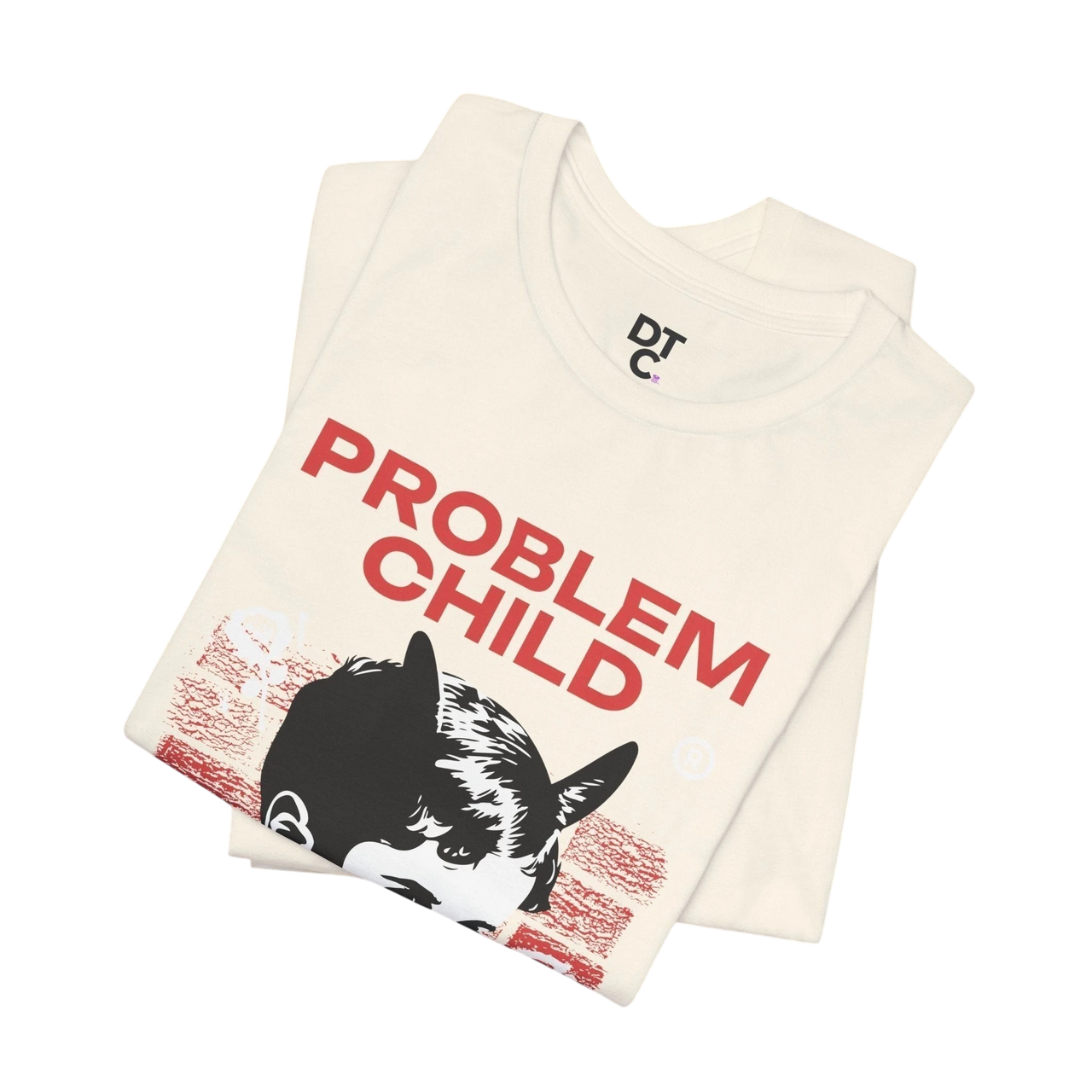 DailyThreadCo. cream cotton t-shirt with red "PROBLEM CHILD" graphic and black & white distressed kid portrait.