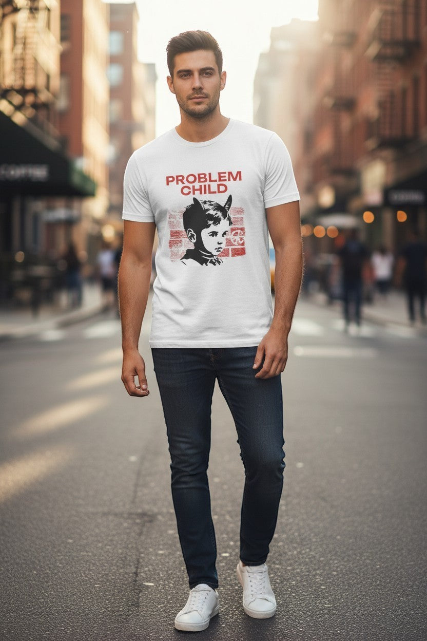 DailyThreadCo. white 100% cotton t-shirt with a retro punk graphic of a child with devil horns and the words "PROBLEM CHILD" in red.