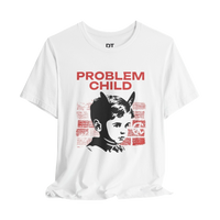 DailyThreadCo. white 100% cotton t-shirt with a retro punk graphic of a child with devil horns, 'PROBLEM CHILD' text, and distressed red brick background.