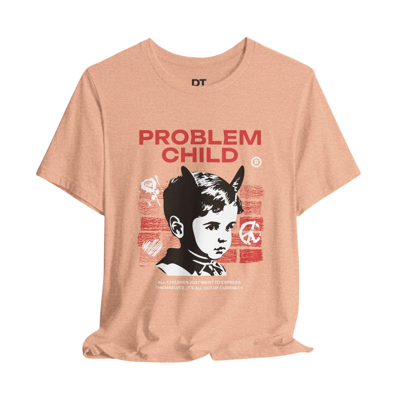 DailyThreadCo. peach cotton t-shirt with a retro punk graphic of a child with devil horns, "PROBLEM CHILD" text, and peace/heart symbols.
