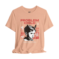 DailyThreadCo. peach cotton t-shirt with a retro punk graphic of a child with devil horns, 
