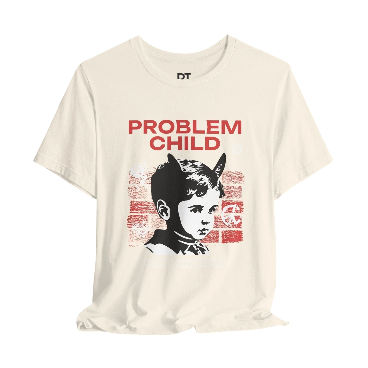 DailyThreadCo. cream cotton t-shirt with retro punk 'Problem Child' graphic featuring a boy with devil horns.