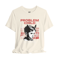 DailyThreadCo. cream cotton t-shirt with retro punk 'Problem Child' graphic featuring a boy with devil horns.