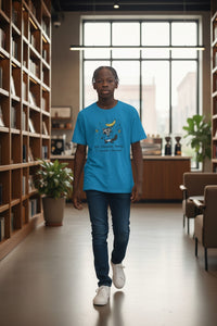 DailyThreadCo. blue cotton t-shirt with a graphic of a raccoon holding a banana and the text 