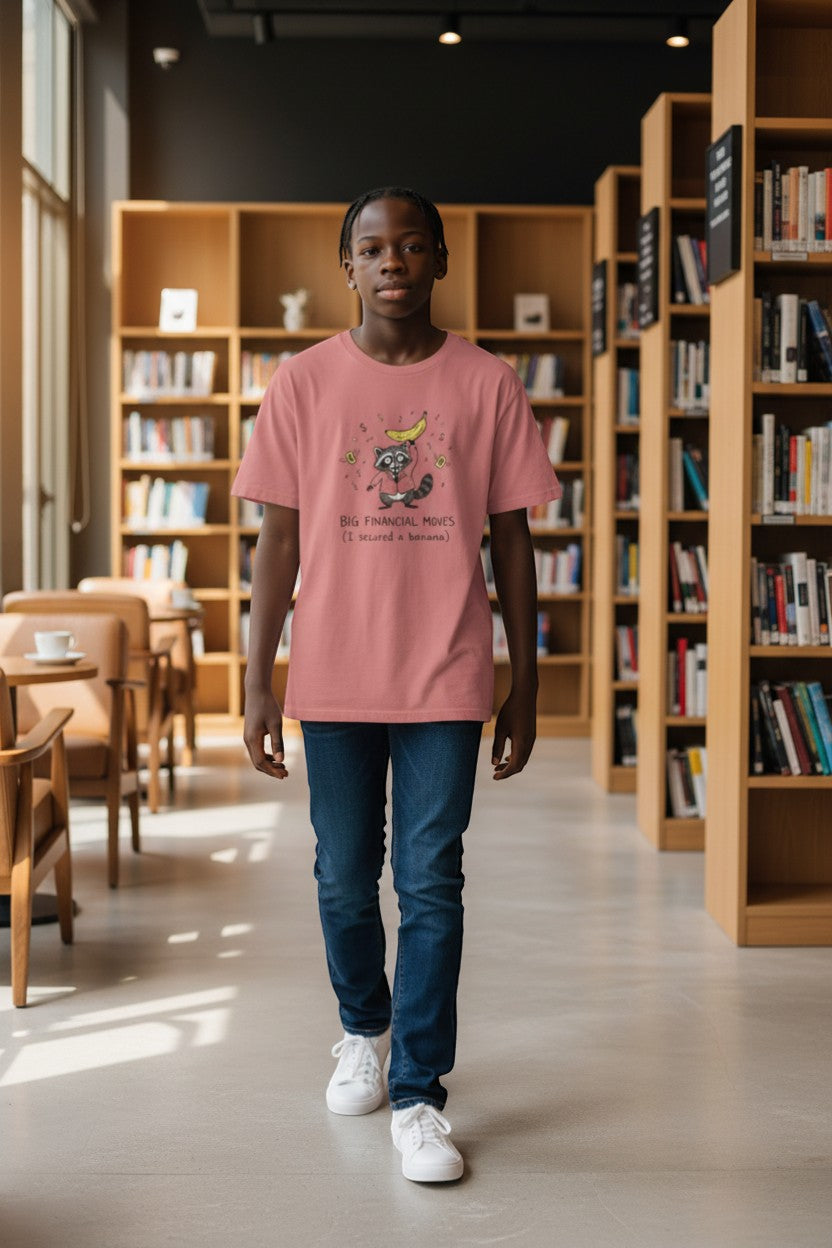 DailyThreadCo. coral pink cotton t-shirt with a graphic of a raccoon in a suit holding a banana, surrounded by money symbols.
