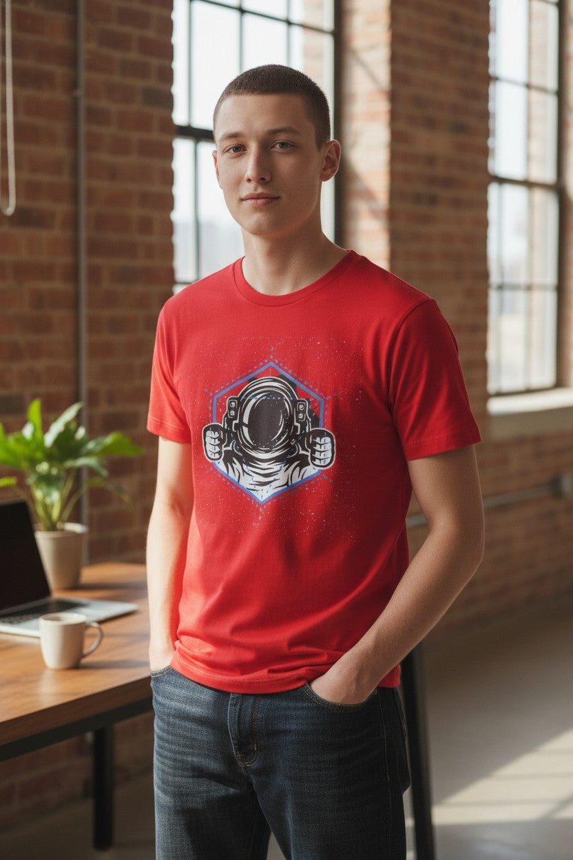 DailyThreadCo. red cotton t-shirt with astronaut graphic in hexagon frame, crew neck, short sleeves.