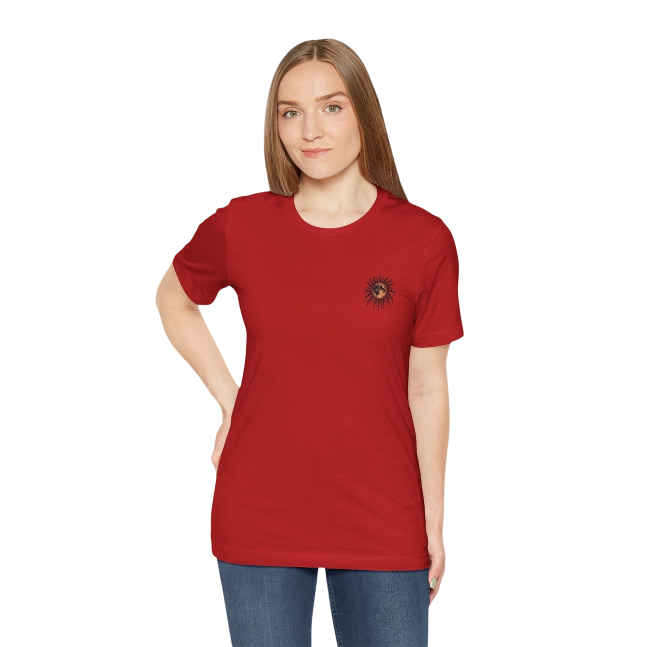 DailyThreadCo. red 100% cotton crew neck t-shirt with a small celestial sun and moon graphic on the left chest.