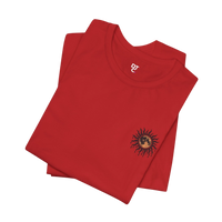 DailyThreadCo. red 100% cotton crew neck t-shirt with a celestial sun and moon graphic on the left chest.